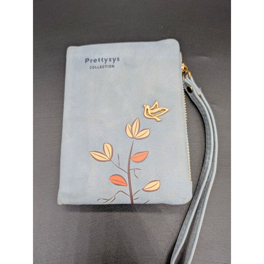 Prettyzys Blue Floral Folding Wristlet Wallet 4 Card Slots ID Slot Zip Coin